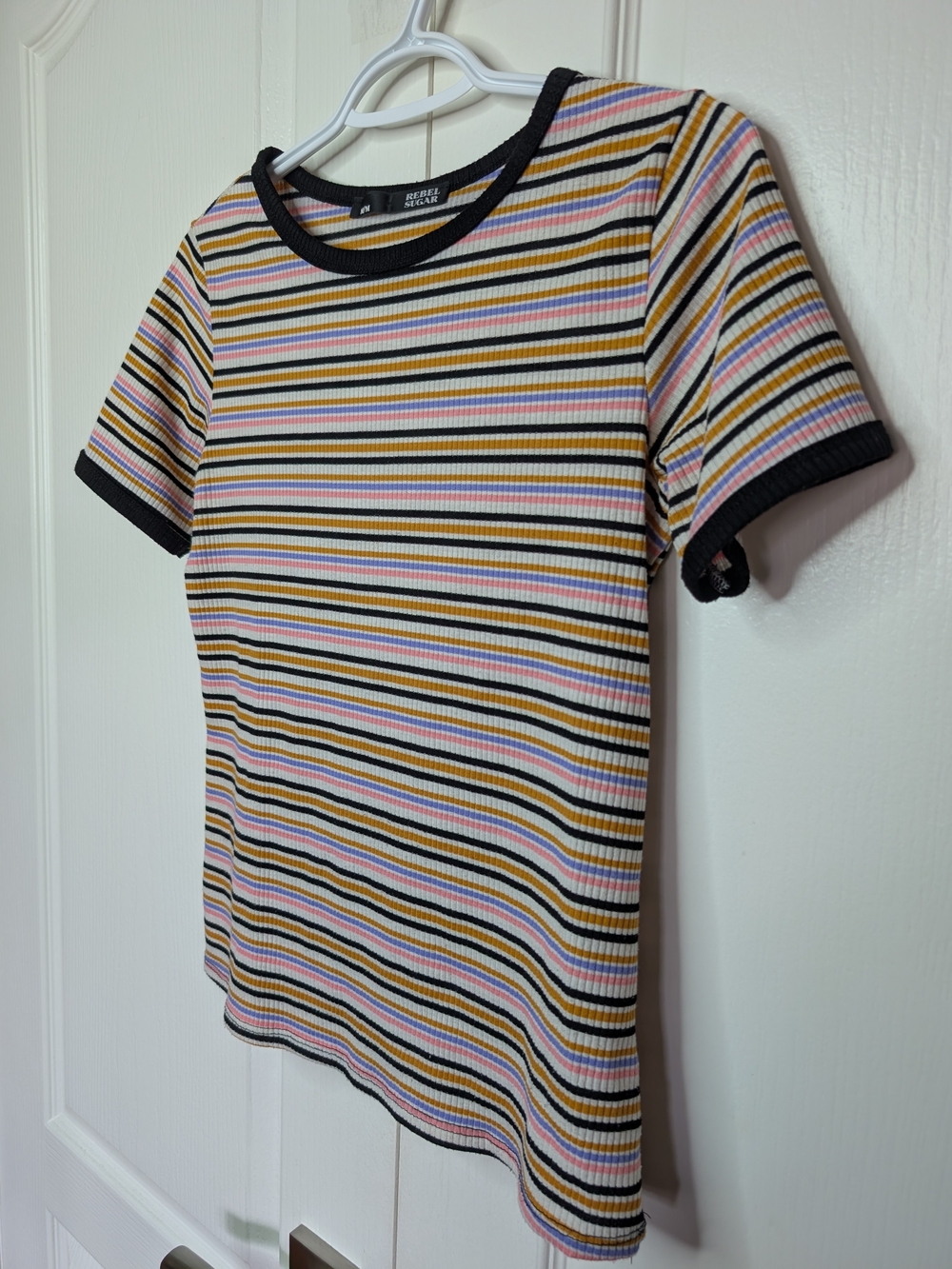 Rebel Sugar Multicolor Striped Tee with Black Trim